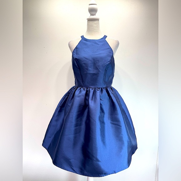 Wendy Bird Formal Party Dress Navy Blue Satin Halter Neckline Fit and Flare 2-4 - Picture 1 of 13